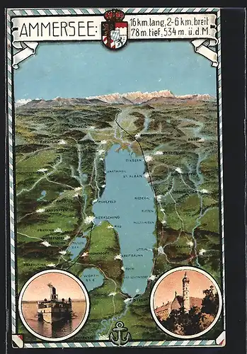 AK Utting / Ammersee, Landkarte des Sees mit den angrenzenden Ortschaften Ausflugsdampfer