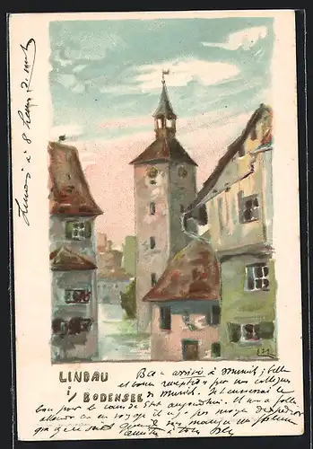 Künstler-AK Lindau / Bodensee, Partie am Turm