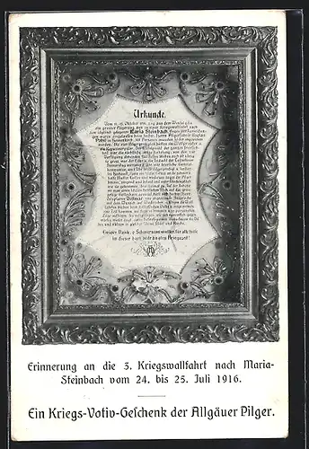 AK Maria-Steinbach, 3. Kriegswallfahrt 1916, Urkunde