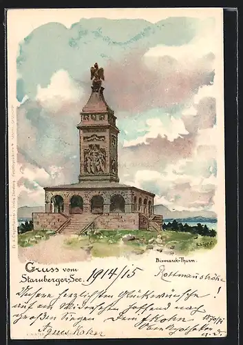 Lithographie Starnberg, Bismarck-Turm am Starnberger See