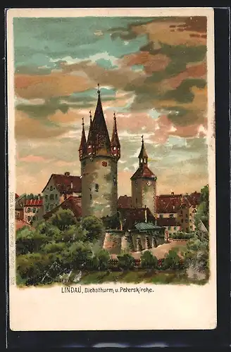 Lithographie Lindau / Bodensee, Diebsthurm und Peterskirche