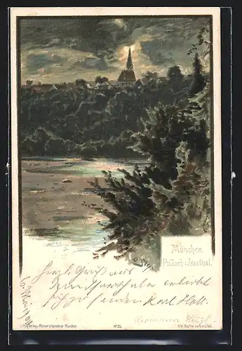 Lithographie Pullach i. Isarthal, Uferpartie mit Kirche bei Mondschein