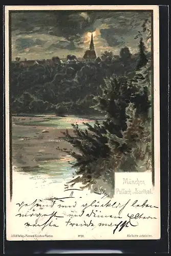 Lithographie Pullach i. Isarthal, Uferpartie mit Kirche bei Mondschein