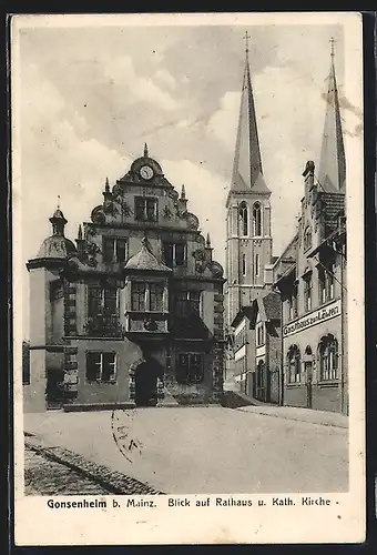 AK Gonsenheim, Blick auf Rathaus u. Kath. Kirche mit Gasthaus zum Löwen