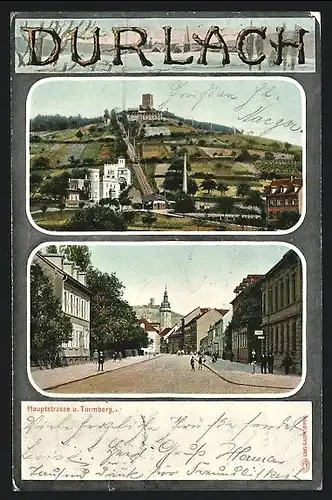 AK Durlach, Turmberg mit Bergbahn, Blick in die Hauptstrasse