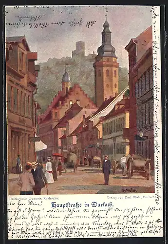 Künstler-AK Durlach, Hauptstrasse mit Passanten