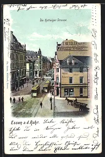 AK Essen, Die Kettwiger Strasse, Strassenbahn