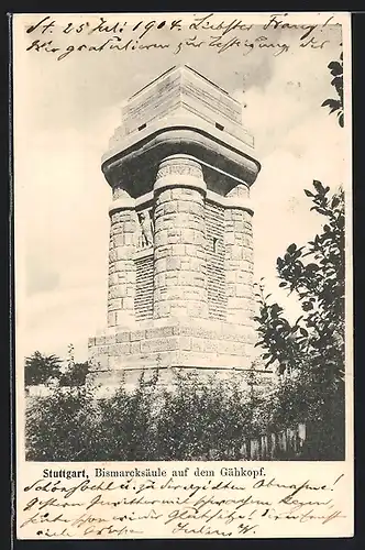 AK Stuttgart, Bismarcksäule auf dem Gähkopf