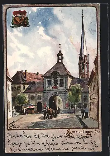 Künstler-AK Carl Biese: Emmendingen i. B., Strassenpartie am Stadttor und Kirchturm