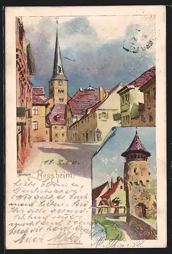 Künstler-AK Bensheim, Ortsansicht mit Kirchturm, Idyll am Bach
