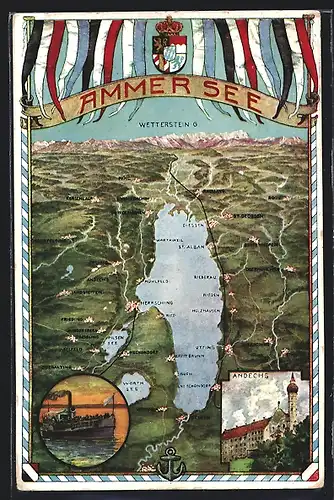 AK Andechs, Landkarte am Ammer See, Dampfer, Schloss