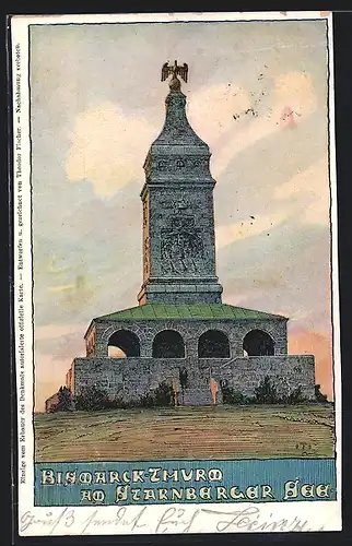 Lithographie Starnberg /Starnberger See, Bismarckturm