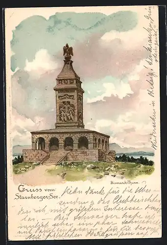 Lithographie Starnberg, Bismarck-Turm am Starnberger See