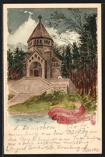 Künstler-AK Gedächtniss-Kapelle für König Ludwig II., Schloss Berg am Starnberger See