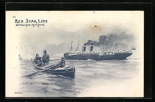 Künstler-AK Henri Cassiers: Red Star Line-Dampfer auf hoher See, Ruderboot