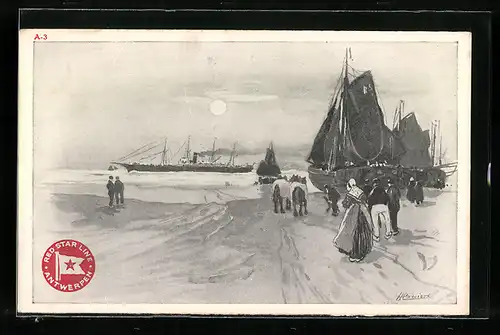 Künstler-AK H. Cassiers: Blick auf einen Dampfer vor der Küste, Segelboote