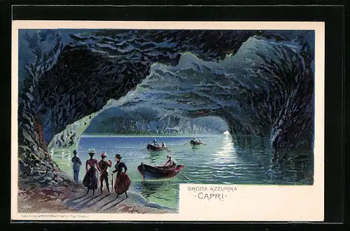 Lithographie Capri, Ruderboote in der Grotta Azzurra