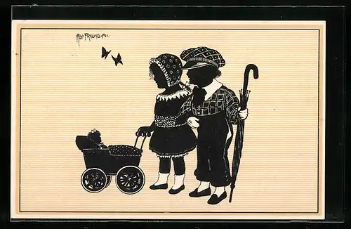 Künstler-AK Alwin Freund: Schattenbild, Kinderpaar mit Puppenwagen