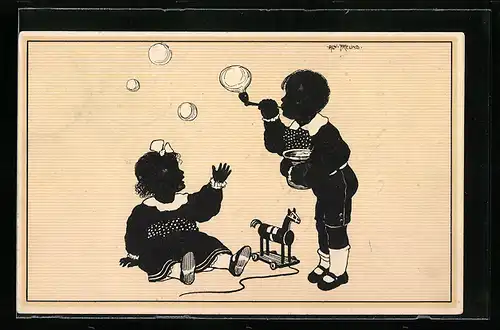 Künstler-AK Alwin Freund: Kinder mit Holzpferd und Seifenblasen