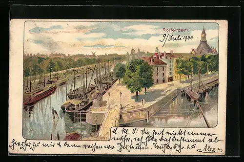 Lithographie Rotterdam, Wasserpartie mit Booten