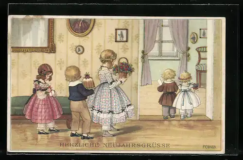 Künstler-AK Pauli Ebner: Kinder mit Blumen und Kuchen