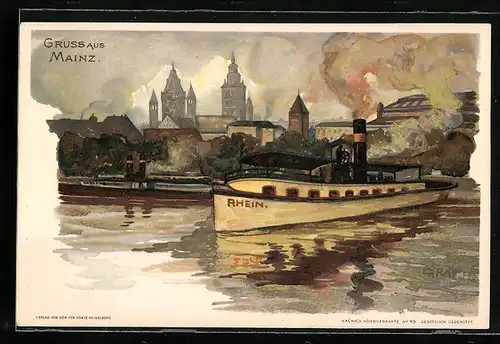 Lithographie Mainz, Teilansicht mit Dampfer Rhein