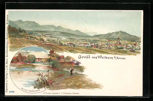 Lithographie Weilheim, Ammer & Badeanstalt, Panorama