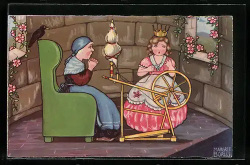 Künstler-AK Margret Boriss unsign.: Dornröschen am Spinnrad