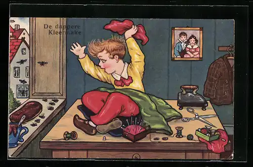 Künstler-AK Margret Boriss: De dappere Kleermake, Schneider erschlägt die Fliegen