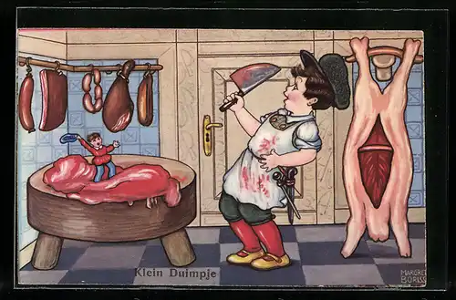 Künstler-AK Margret Boriss: Klein Duimpje, Däumling in der Schlachterei