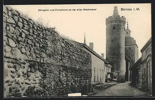 AK Bernau / Mark, Königstor und Pulverturm an der alten Stadtmauer