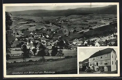 AK Speicherz, Panorama mit Blick auf die Rhönberge & Gasthaus zum Biber