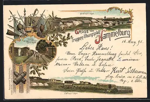 Lithographie Hammelburg, Truppen-Übungsplatz, Nördliches Lager, Centrale des Lagers und Offiziers-Speise-Anstalt