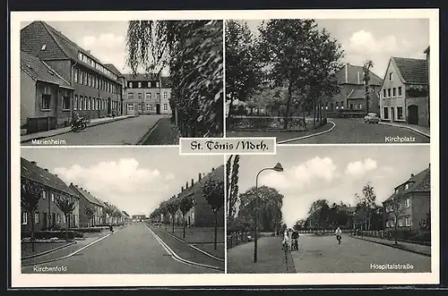 AK St. Tönis / Ndrh., Hospitalstrasse mit Fahrradfahrer, Marienheim, Kirchplatz