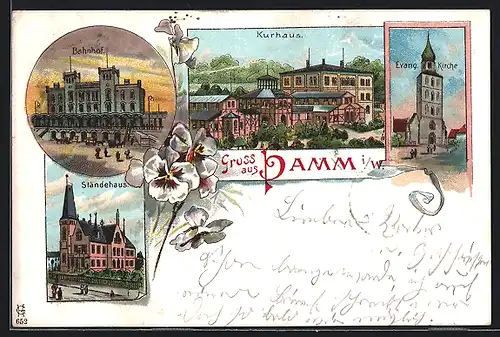 Lithographie Hamm i. W., Gasthof Kurhaus, Bahnhof, Ständehaus