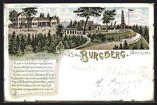 Lithographie Harzburg, Hotel Burgberg, Brocken, Ganossasäule, Wanderer, Gedicht am Kaiserbrunnen um 1900