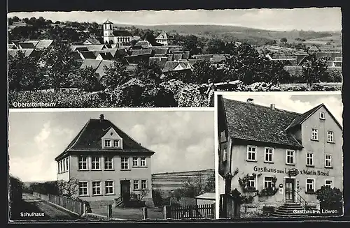 AK Oberaltertheim, Gasthaus zum Löwen, Schulhaus, Teilansicht mit Kirche