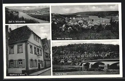 AK Zell, Gasthaus zur Krone und Partie am Main, Blick zur Siedlung