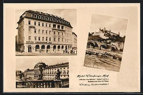 AK Würzburg, Hotel Würzburger Hof, Barbarossaplatz 2, Festung Marienberg, Residenz