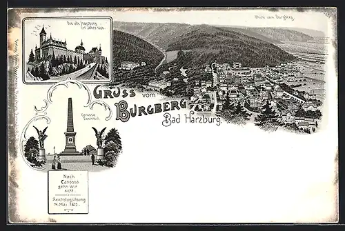 Lithographie Bad Harzburg, Blick vom Burgberg auf den Ort, Die alte Harzburg im Jahre 1650, Canossa-Denkmal