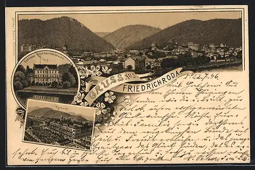 Lithographie Friedrichroda, Kurhaus, Schloss Reinhardsbrunn, Teilansicht