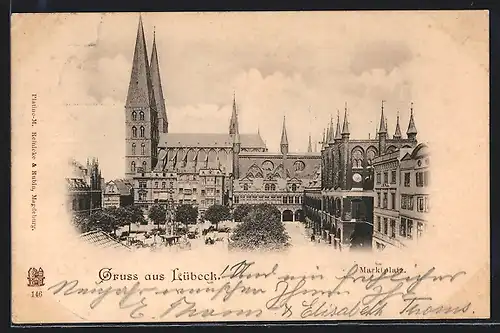 AK Lübeck, Marktplatz mit Brunnen