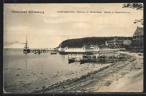 AK Glücksburg, Landungsbrücke mit Bädern, Hotels und Aussichtsturm