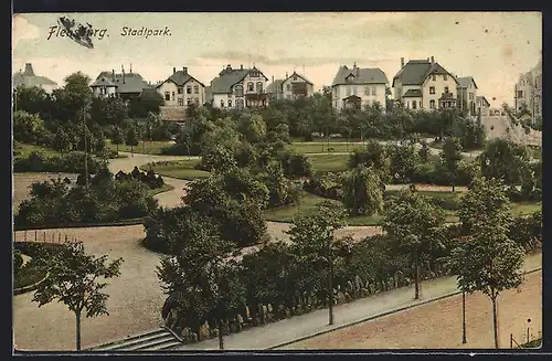 AK Flensburg, Stadtpark aus der Vogelschau