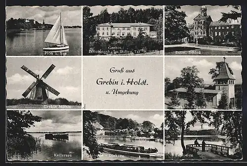 AK Grebin, Erholungsheim, Schloss, Kapelle, Kellersee, Mühle, Uklei-See