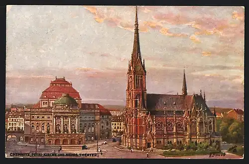 Künstler-AK Chemnitz, Petri-Kirche und Neues Theater