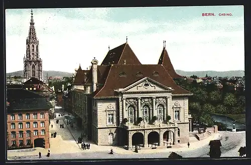 AK Bern, Casino, Frontansicht mit dem Turm des Berner Münsters im Hintergrund