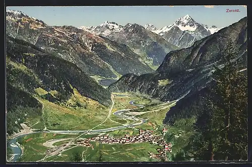 AK Zernez, Blick auf den Ort und ins Tal