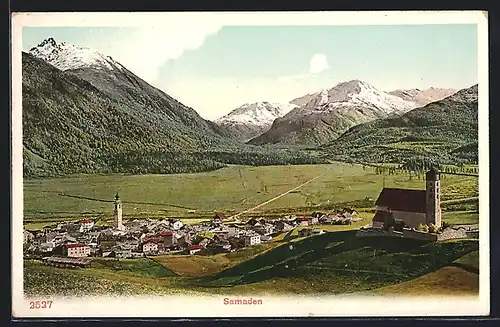 AK Samaden, Generalansicht mit der Kirche auf dem Hügel