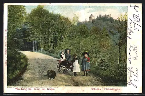 AK Stein am Rhein, Kinder auf einem Waldweg am Schloss Hohenklingen